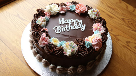 A beautifully decorated chocolate birthday cake featuring colorful frosting and a joyful "Happy Birthday" message, perfect for any celebration and occasion.の素材