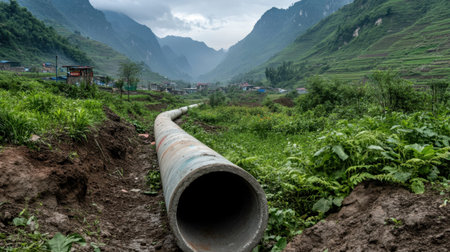 A long pipe rests on the ground in a lush valley surrounded by majestic mountains, creating a striking contrast between nature and industrial elements in a serene environment.の素材