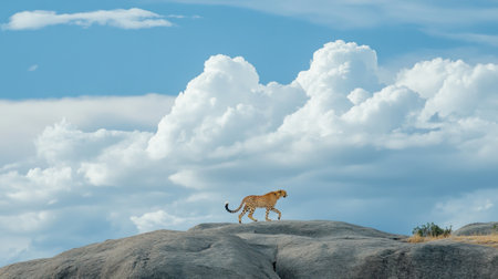 A stunning cheetah walks elegantly on a rocky surface, framed by a brilliant blue sky and fluffy white clouds, showcasing its majesty in the wild.の素材