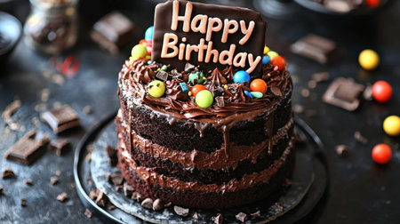 Indulge in this rich, multi-layered chocolate birthday cake adorned with colorful candies and a cheerful "Happy Birthday" sign, perfect for celebrations.の素材