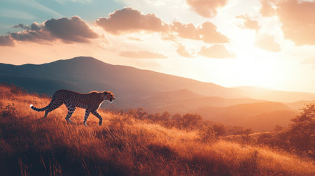 A stunning cheetah strolls through a golden grassland at sunset, with majestic mountains in the background, creating a serene and picturesque wildlife moment.の素材