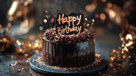 This enticing chocolate birthday cake features a creamy icing, colorful sprinkles, and a festive "Happy Birthday" sign, perfect for any celebration or gathering.の素材