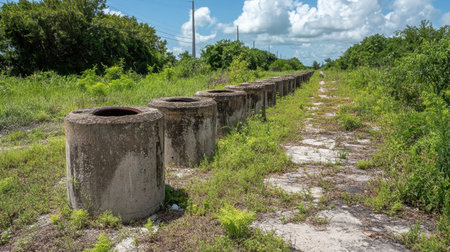 Explore a serene overgrown pathway lined with weathered concrete pipes beneath a bright blue sky adorned with fluffy white clouds, revealing nature's reclaiming beauty.の素材