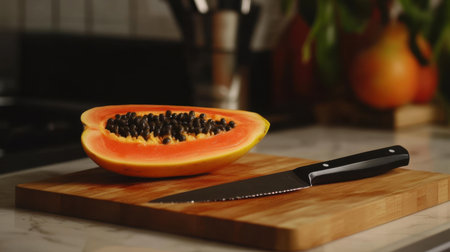 This vibrant image features a freshly halved papaya on a wooden cutting board next to a sharp knife, showcasing the beauty of tropical fruits in a modern kitchen.の素材