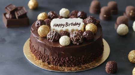 A beautiful chocolate birthday cake topped with assorted truffles and gold accents, perfect for celebrations and special occasions, offering a delightful dessert experience.の素材