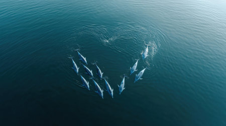 A captivating scene of dolphins forming a heart shape in the ocean, symbolizing love and unity in nature. This stunning marine moment highlights joyful wildlife.の素材