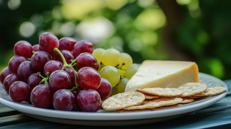 This delightful spread features a mix of red and green grapes, creamy cheese, and crunchy crackers, perfect for outdoor picnics or casual gatherings in nature.の素材