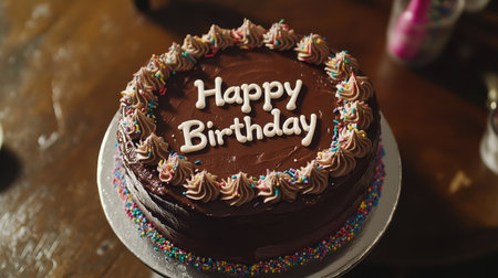 A beautifully decorated chocolate birthday cake featuring creamy frosting and colorful sprinkles, ideal for making any celebration more memorable and delightful.の素材