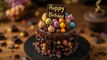 A beautifully crafted chocolate birthday cake adorned with vibrant candies and whipped cream, perfect for celebrations and parties, adding a joyful touch to any occasion.の素材