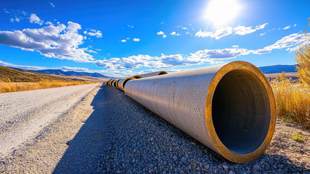 A picturesque scene featuring large concrete pipes lined along a gravel road beneath a radiant sky, highlighting the beauty of nature and construction elements.の素材