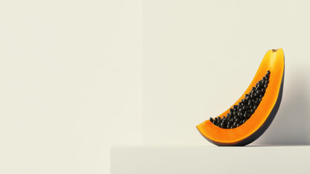 A vibrant orange papaya slice showcases its dark seeds against a clean white background, emphasizing freshness and simplicity perfect for nutrition-focused projects.の素材