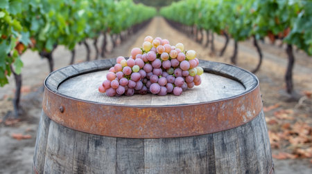 A beautiful wooden barrel displays a fresh bunch of grapes, surrounded by verdant vineyards. This serene agricultural scene captures the essence of nature&#039;s bounty.の素材