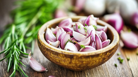 A charming arrangement of fresh raw garlic cloves in a rustic wooden bowl, enhanced by aromatic herbs. Perfect for culinary inspiration and healthy cooking.の素材