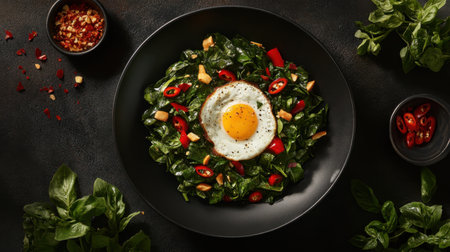 Enjoy a vibrant spinach salad featuring a perfectly fried egg and red chili peppers, highlighting fresh ingredients for a nutritious and delicious dish.の素材