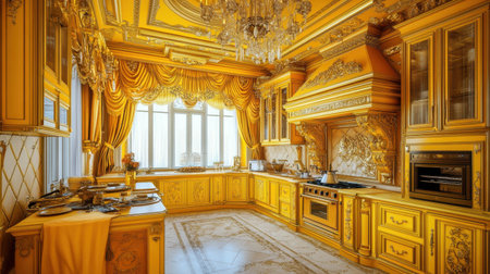 This image showcases a stunning golden kitchen interior featuring rich cabinets, intricate ceiling details, and a warm atmosphere, ideal for modern home decor inspiration.の素材