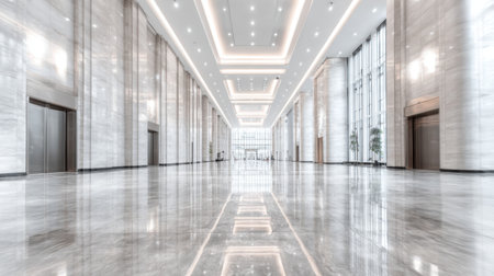 A stunning view of a spacious and modern lobby featuring high ceilings and polished marble floors, illuminated by natural light shining through large windows.の素材