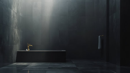 A chic and elegant bathroom setting showcasing a sleek black bathtub paired with a gold faucet, illuminated by soft lighting that creates a serene atmosphere.の素材