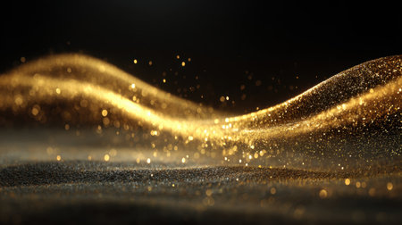 Experience the enchanting beauty of abstract golden waves featuring shimmering particles on a dark backdrop, perfect for creating themes of elegance and luxury.の素材
