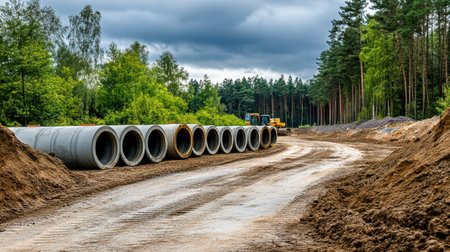 A construction site features concrete pipes placed alongside a dirt road, framed by lush green trees and an overcast sky, showcasing the blend of nature and industry.の素材