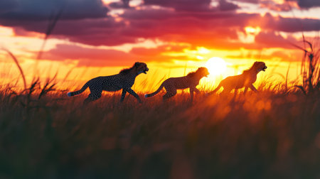 Three graceful cheetahs walk across a grassy landscape, silhouetted against a stunning sunset. This captivating scene showcases the beauty of wildlife in nature.の素材