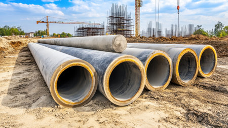 Large concrete pipes are neatly arranged on a construction site, showcasing essential materials for development and infrastructure projects under a cloudy sky.の素材