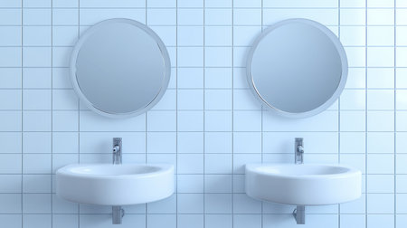A serene bathroom scene showcasing two circular mirrors and white sinks in a pristine tiled setting, highlighting minimalist design and aesthetic simplicity for modern interiors.の素材