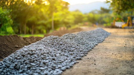 A gravel pathway lined with small rocks illuminates under soft sunlight in a serene construction area surrounded by lush green trees and hills.の素材