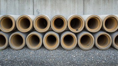 A collection of neatly stacked concrete pipes shows a textured surface and intricate patterns. This image captures elements of construction, utility, and industrial themes.の素材