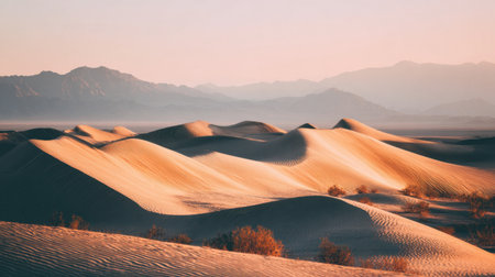A tranquil view of sand dunes illuminated by the soft light of sunrise, showcasing gentle shadows and breathtaking mountain scenery in the background.の素材