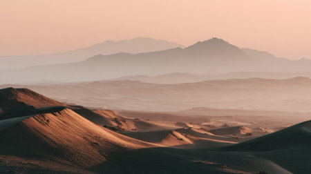 This breathtaking desert landscape captures rolling sand dunes and distant hills bathed in warm hues at sunset, creating a peaceful atmosphere ideal for relaxation.の素材