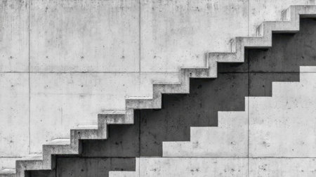 A close-up view of a concrete staircase showcases the interplay of light and shadow. This abstract composition highlights geometric shapes and textures in architecture.の素材