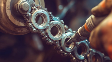 A skilled mechanic performs maintenance on a bicycle chain, showcasing tools and gears in a workshop. This image captures attention to detail in bicycle repair.の素材