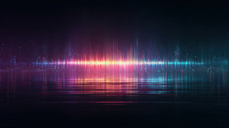 This captivating abstract image features vibrant sound wave patterns with colorful gradients reflected on a dark background, ideal for digital art and creative projects.の素材