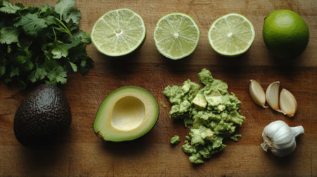 Stunning arrangement of fresh ingredients for guacamole showcasing vibrant avocado, zesty lime, aromatic garlic, and fragrant cilantro on a wooden cutting board.の素材