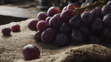 A cluster of fresh grapes sits elegantly on a rustic tablecloth, capturing the essence of nature's bounty. Ideal for healthy lifestyle and culinary inspirations.の素材