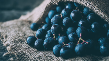 A stunning close-up of fresh blue grapes resting on rustic jute fabric, capturing the essence of natural beauty and healthy living in a vibrant setting.の素材