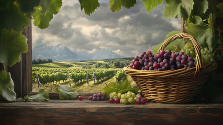 A captivating scene featuring a basket of fresh grapes resting on a wooden sill, framed by a window overlooking a majestic vineyard under a dramatic sky.の素材