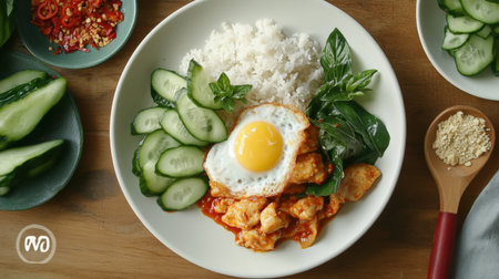 A vibrant plate featuring fried egg, fluffy rice, sliced cucumber, chili, and fresh herbs. Ideal for showcasing homemade Asian culinary delights and healthy meals.の素材