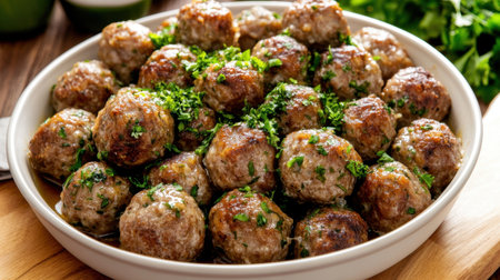 A bowl of flavorful meatballs, perfectly cooked and garnished with fresh herbs, ideal for showcasing culinary techniques and enhancing food presentations.の素材