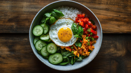 A vibrant bowl filled with fresh cucumber, diced tomato, leafy greens, fluffy rice, and a perfectly fried egg, showcasing a healthy and appetizing meal option.の素材