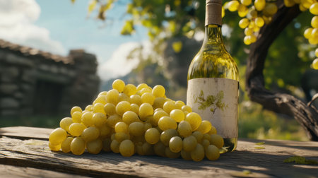 A picturesque arrangement of fresh green grapes and a wine bottle on a rustic wooden table, surrounded by nature, creating a serene vineyard atmosphere perfect for relaxation.の素材