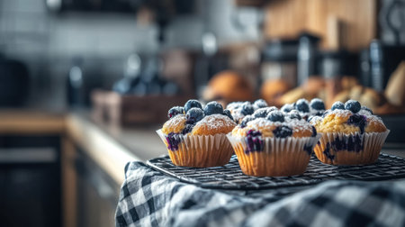 A mouthwatering display of freshly baked blueberry muffins resting on a cooling rack, set in a cozy kitchen ambiance with warm lighting and other pastries in view.の素材