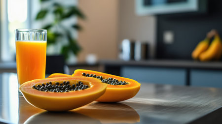 A vibrant scene featuring fresh papaya slices and a glass of orange juice on a kitchen table, capturing the essence of healthy living and tropical flavors.の素材