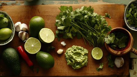 Discover the vibrant and fresh ingredients ideal for making homemade guacamole. Featuring avocados, limes, garlic, and cilantro on a rustic cutting board.の素材
