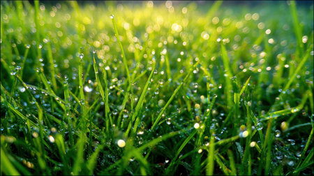 Close-up of fresh green grass with dewdrops that reflect soft morning light, capturing the essence of nature's beauty and tranquility in a serene outdoor setting.の素材