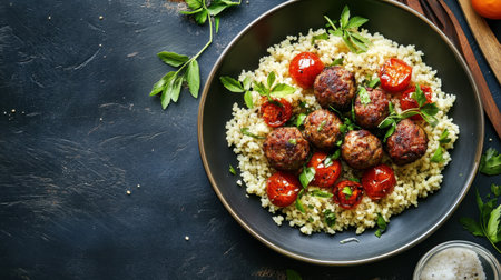 This vibrant plate features savory meatballs atop fluffy couscous, accented with roasted cherry tomatoes and fresh herbs. Perfect for any meal occasion.の素材