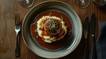 A beautifully presented gourmet dish featuring meatloaf topped with rich gravy, surrounded by creamy mashed potatoes and garnished with fresh sprouts. Perfect for fine dining.の素材