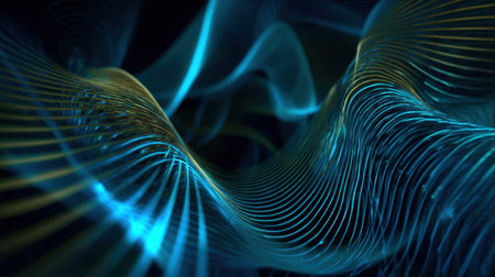 This abstract image showcases vibrant blue and gold flowing waves, illustrating movement and energy in a digital setting, perfect for modern design projects and themes.の素材