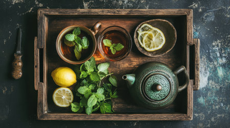 A beautifully arranged wooden tray showcases a traditional teapot, glass cups filled with tea, fresh mint, and lemon slices, creating a cozy and inviting scene.の素材