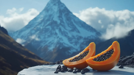 A striking image showcasing fresh papaya halves with seeds against a breathtaking mountain backdrop, highlighting the beauty of nature and healthy eating.の素材